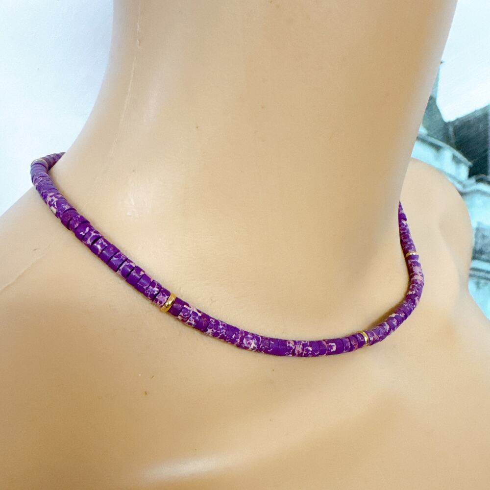 Purple Heishi Beaded Choker Necklace with Gold‑Tone Extension Chain